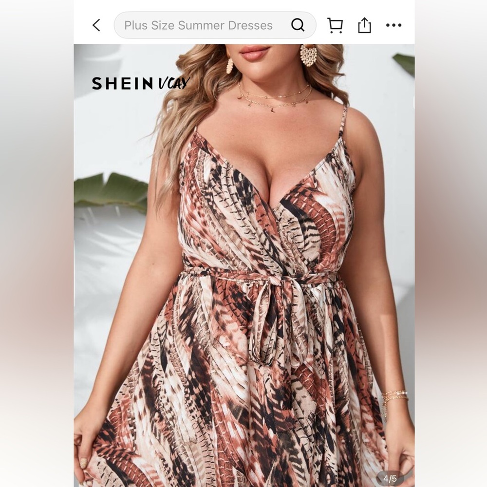 SHEIN Curve Brown Feather-Print Wrap Maxi Dress